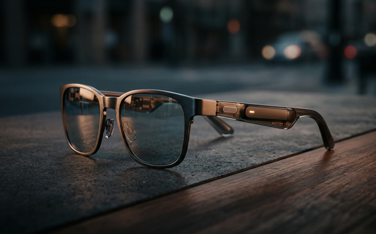 A pair of sleek, modern smart glasses overlaid with abstract data points, suggesting both intelligence and subtle privacy concerns.