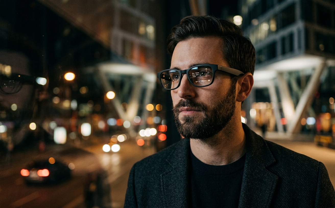 Close up of sleek, modern smart glasses with a subtle Heads-Up Display element visible.