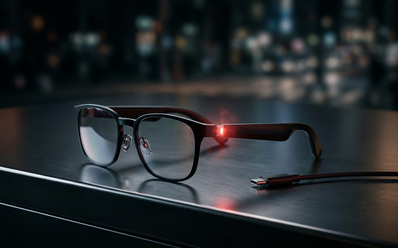 A pair of sleek smart glasses sitting on a charging pad, with a low battery icon visible on the lens.