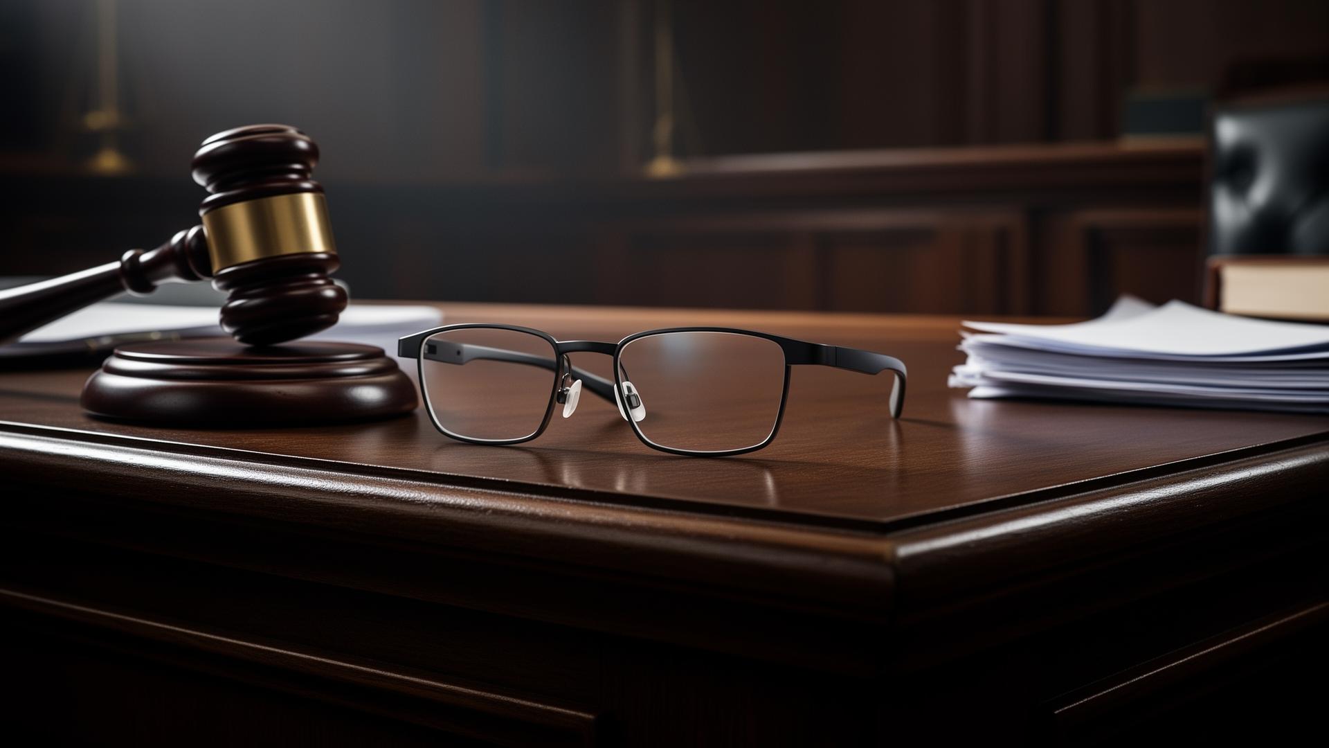 Smart glasses resting on a judge's wooden bench next to a gavel and legal documents in a courtroom