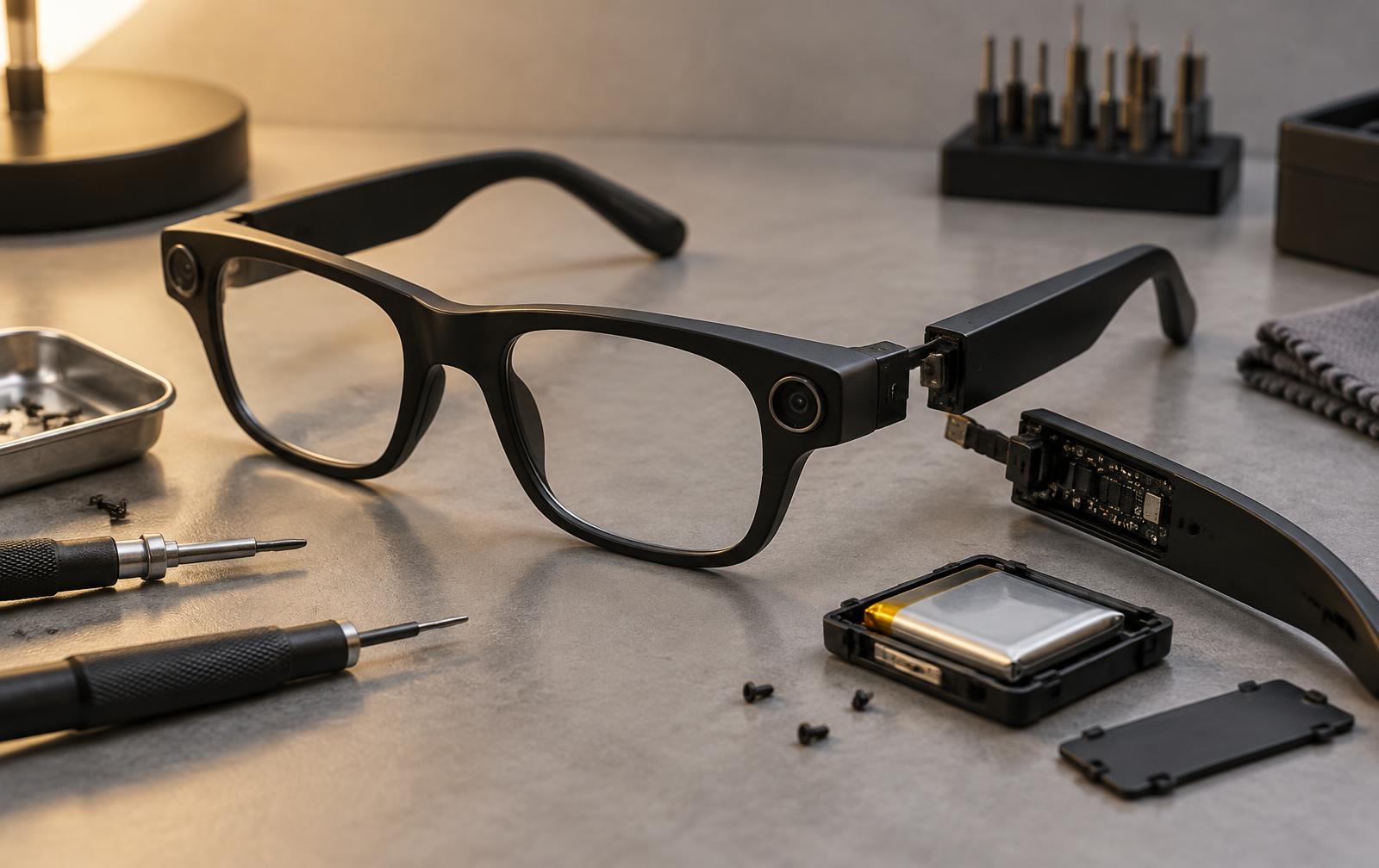Camera smart glasses partially disassembled on a workbench next to precision screwdrivers and an opened battery compartment.