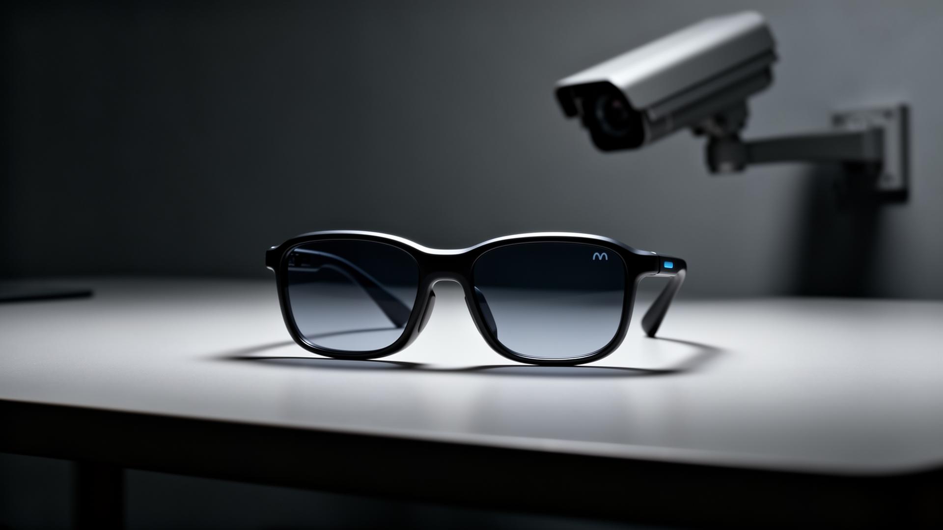 Smart glasses on a desk with a security camera in the background, illustrating privacy concerns