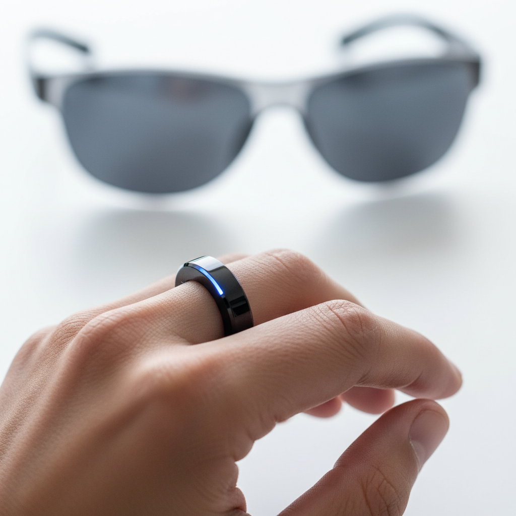 ユーザーの指にはまったSensoryx Magic Ringのクローズアップ写真。背景には洗練されたブランド不明のスマートグラスがぼかされて写っている。