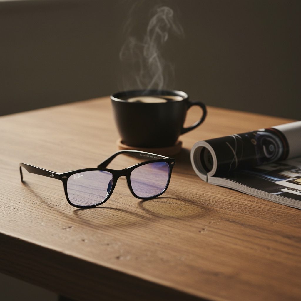 木製のテーブルの上に置かれたRay-Ban Wayfarer Metaスマートグラスと、コーヒーカップ、雑誌。