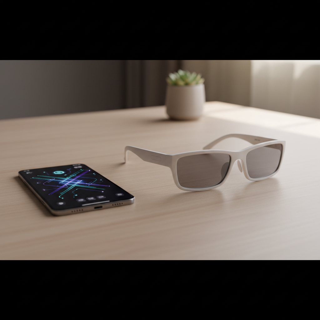 Alibaba's Qwen S1 AI glasses resting on a minimalist desk next to a smartphone displaying the Qwen AI interface.