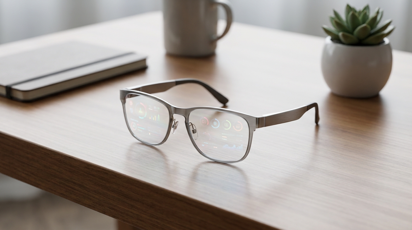 A pair of sleek, modern smart glasses by Maverick, featuring a transparent lens with subtle full-color AR elements visible, resting on a minimalist editorial desk setup.