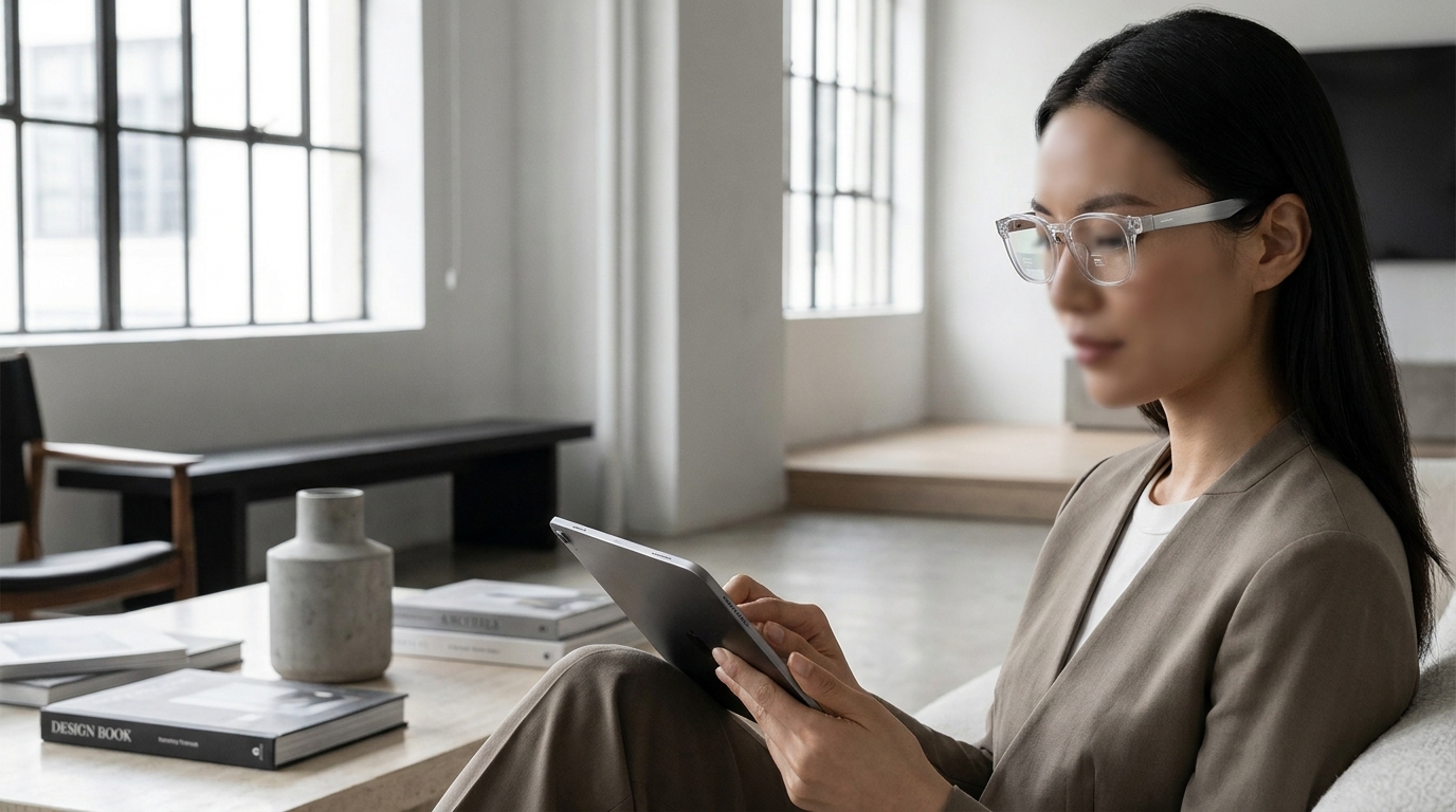 minimalist, sleek smart glasses by - in a modern editorial setting, emphasizing lightweight design and subtle integration into everyday wear