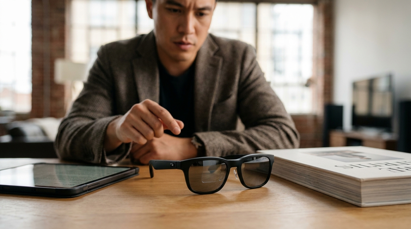 Smart glasses by Innovega, possibly Gen One, depicted in an editorial setting, emphasizing their assistive technology purpose for low-vision users.