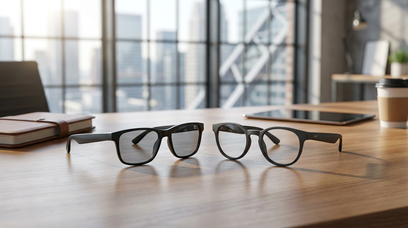 Acer smart glasses, possibly both GR0 and GI0 if their designs are distinct, arranged on a modern desk or in an urban setting, implying professional use or daily wear, with a sharp, editorial lighting