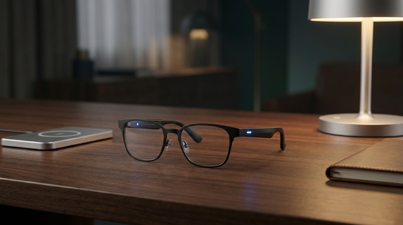 Une paire de lunettes BlackSheep AG18 Smart AI Glasses, élégantes et modernes, posées sur un bureau en bois foncé de style éditorial avec de subtiles touches technologiques.