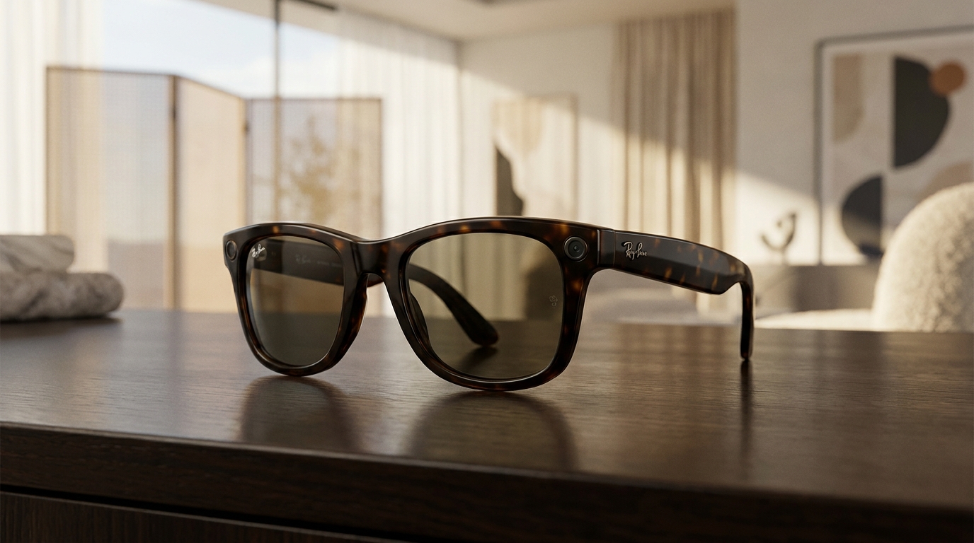 Un plan rapproché de lunettes connectées Ray-Ban Meta de style Wayfarer classique, posées sur une surface polie, avec un arrière-plan flou suggérant un décor éditorial moderne. L'objectif de l'appareil photo et le haut-parleur g