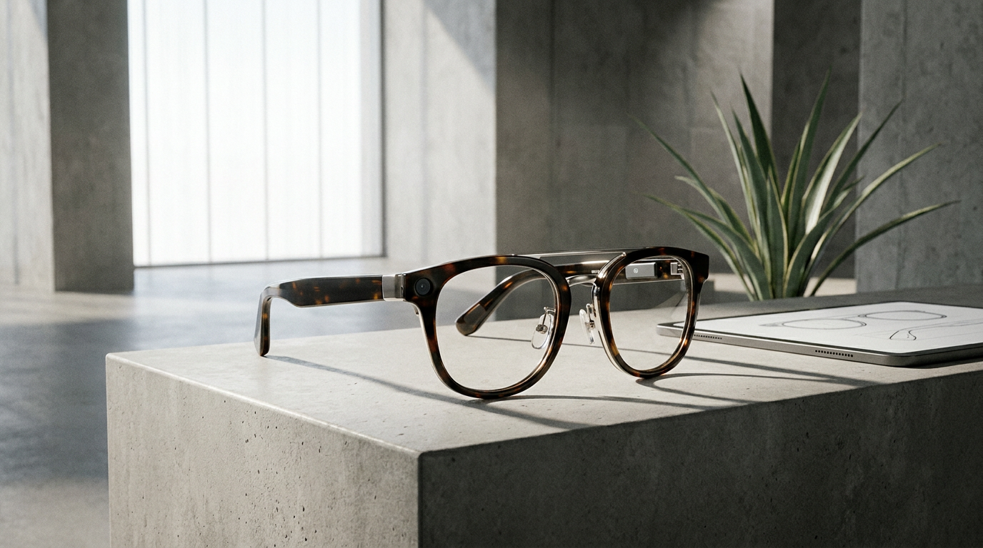 EssilorLuxottica smart glasses in a sleek, minimalist editorial setting, showcasing a blend of advanced technology and high fashion eyewear design