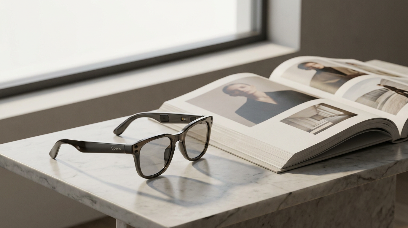 A pair of sleek, high-end smart glasses by Specs, subtly integrated with smart features, resting on a polished surface next to a high fashion magazine in a minimalist, editorial setting.