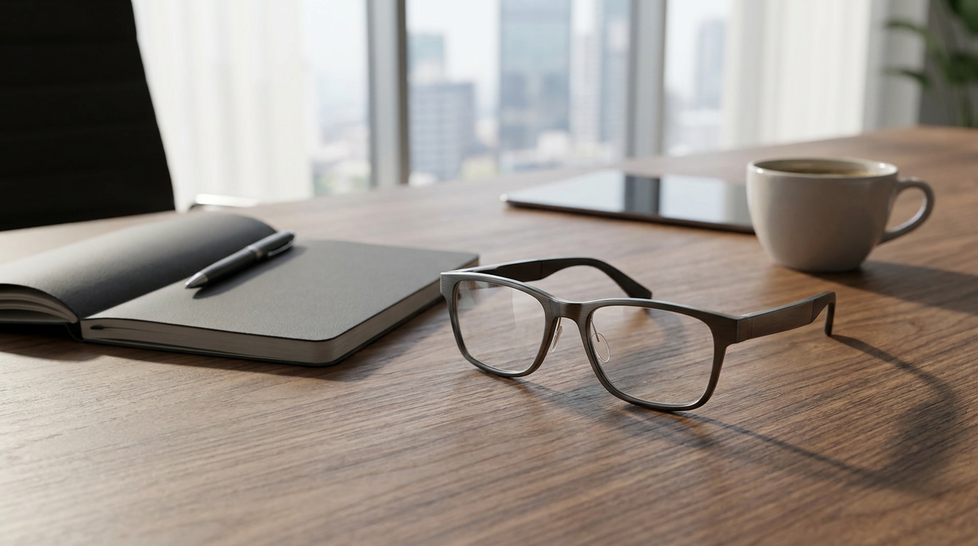 iFlytek's sleek, lightweight AI smart glasses resting on a modern desk alongside a minimalist notebook, conveying a sense of professional utility and advanced technology.