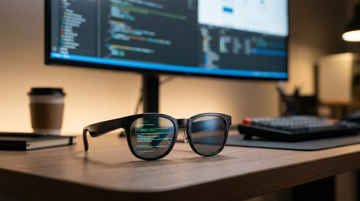 Hero image depicting RayNeo smart glasses on a modern desk setup, reflecting code or media, with an editorial feel.