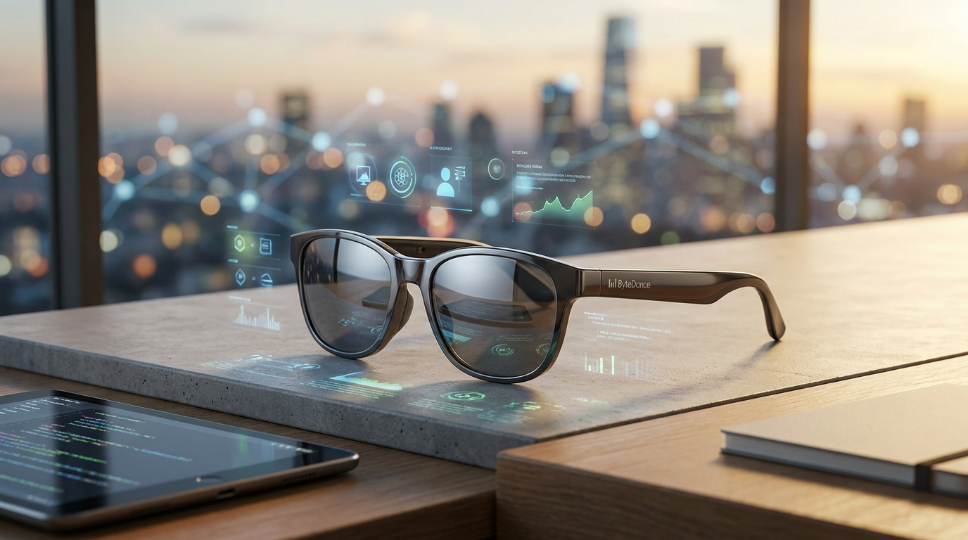Sleek, minimalist AI glasses by ByteDance on a modern desk, subtly reflecting data overlays, with a blurred background suggesting a bustling, interconnected cityscape.