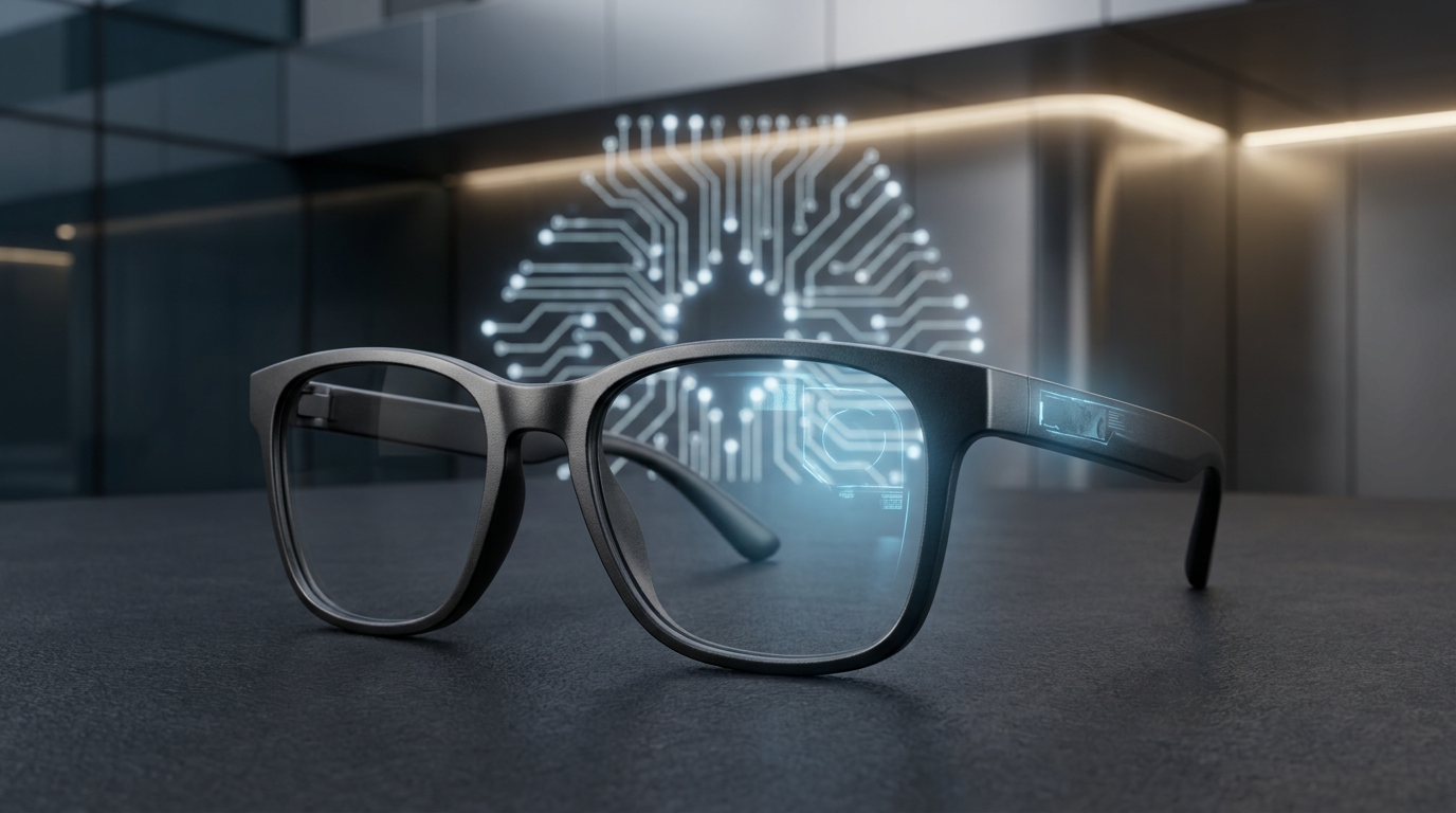 Close-up of a sleek, unbranded smart glasses frame, subtly glowing with a digital overlay, with a stylized Qualcomm logo in the background, set against a high-tech, editorial backdrop.