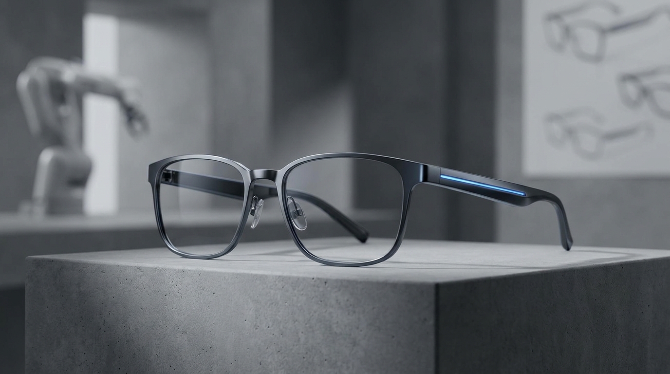 Ein elegantes, minimalistisches Paar Thunderbird V3 AI Glasses in einer redaktionellen Studio-Umgebung, das ihren Formfaktor präsentiert.