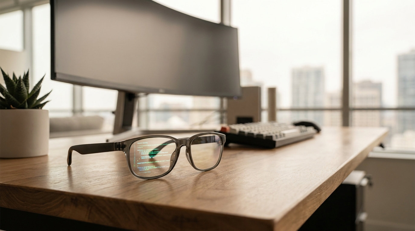 Les smart glasses Monako Glass sur le bureau d'un développeur, affichant du code, dans un cadre éditorial épuré et moderne.