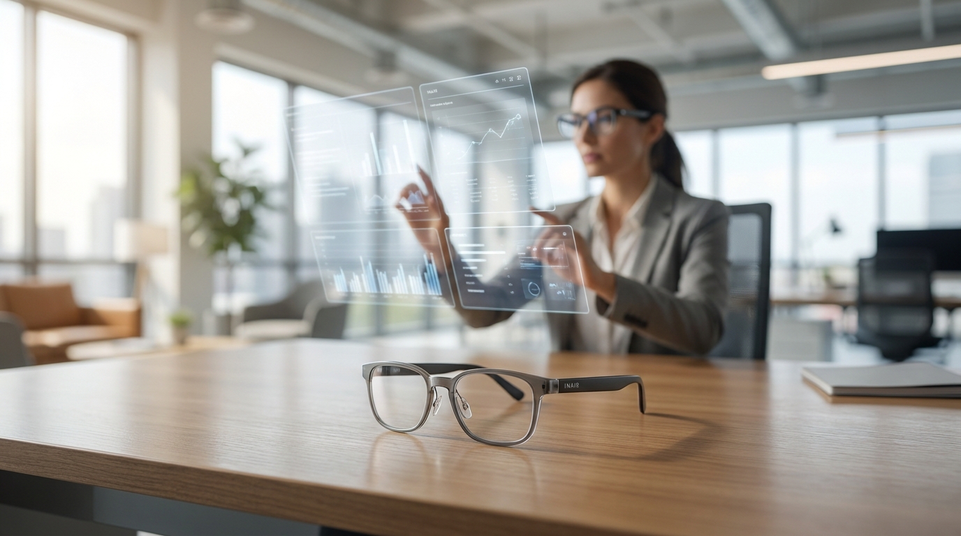 INAIR smart glasses with virtual screens projected in a modern office environment, an editorial style shot.