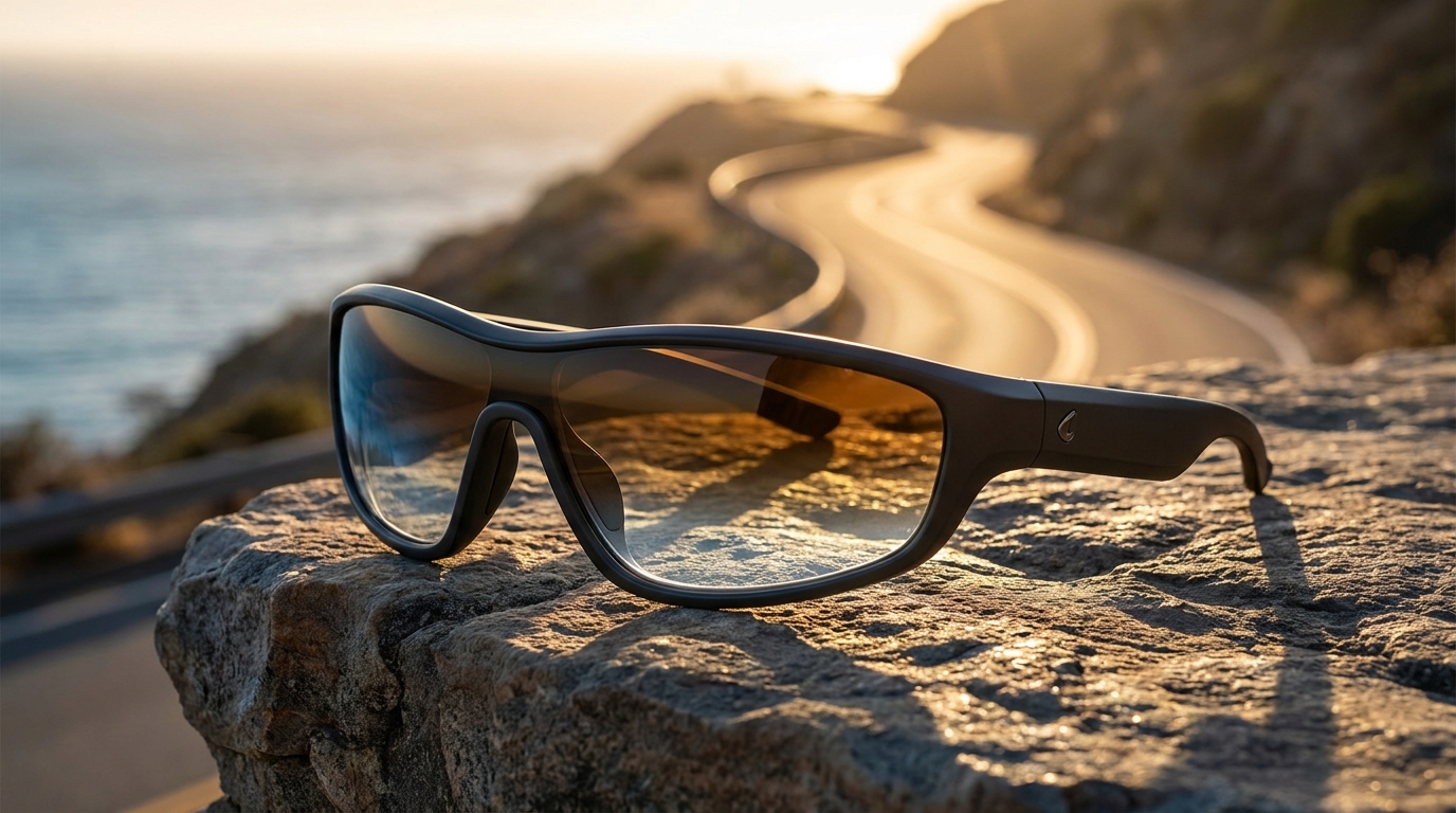 Eine Chamelo Music Shield Gen 2 Smart-Brille mit ihrem Sport-Wrap-Rahmen, die die einzigartigen, tönungsverstellbaren Eclipse-Gläser in einer dynamischen redaktionellen Outdoor-Umgebung präsentiert, möglicherweise mit einem subtilen