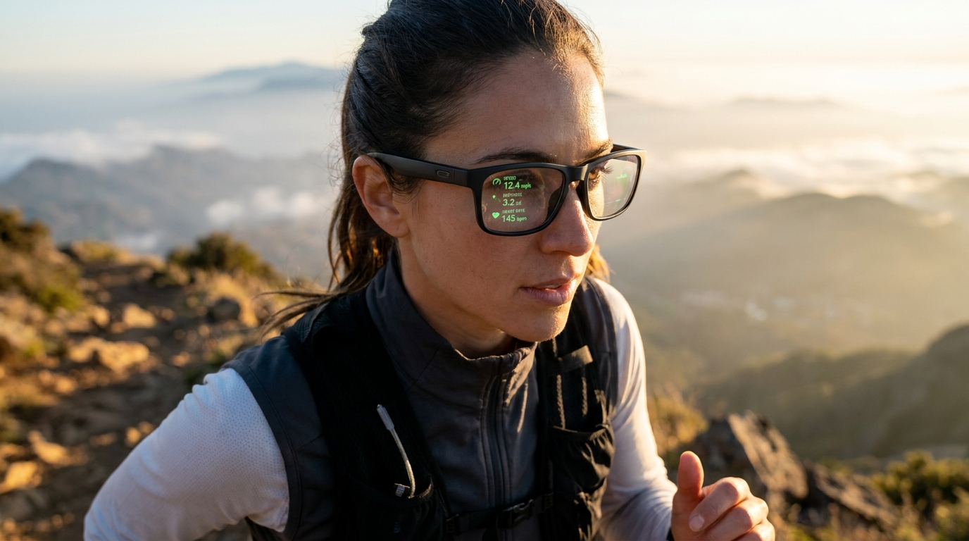 ActiveLook ENGO 3 Smart Glasses, getragen von einem Athleten in einer aktiven Outdoor-Umgebung, der Leistungsdaten im HUD anzeigt.