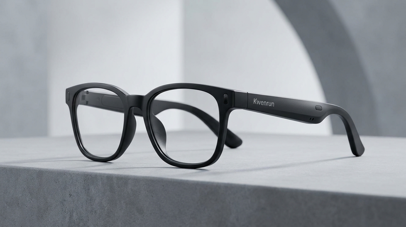 Kwenrun ChatGPT AI Smart Glasses, schwarzer Rahmen, auf neutralem Hintergrund in einer sauberen redaktionellen Produktaufnahme gezeigt.