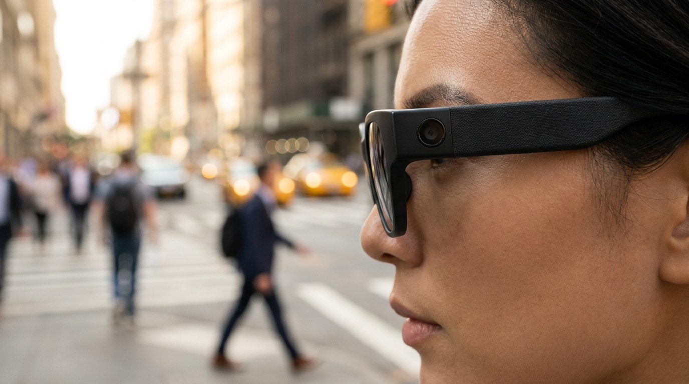 Gafas con cámara inteligente Anko, diseño minimalista, sobre un fondo difuminado de un espacio público concurrido, enfatizando su uso discreto.