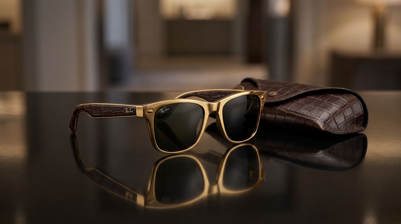 Luxuriöse Caviar Odyssey Ray-Ban Meta AI-Brille, vergoldet mit Alligatorleder-Etui, präsentiert auf einer polierten dunklen Oberfläche mit subtiler Reflexion, die Exklusivität und High-End-Design andeutet.