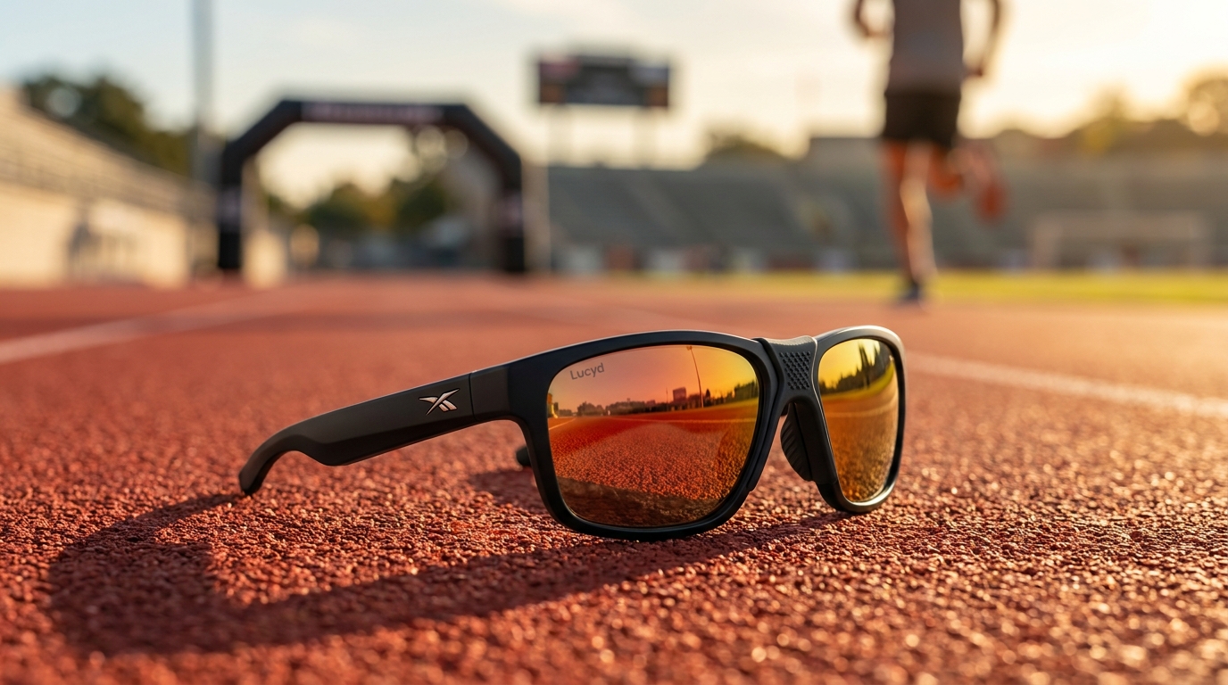 Gafas inteligentes Reebok Octane de Lucyd, con lentes polarizadas de espejo y un puente antideslizante, colocadas en una pista atlética o en un entorno de estilo de vida.