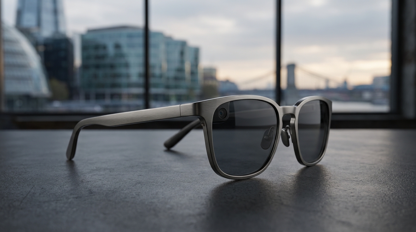 Gafas inteligentes Rollme ProView con un diseño elegante y minimalista, que presentan una lente y una cámara sutiles, presentadas en un entorno editorial con un fondo urbano difuminado.