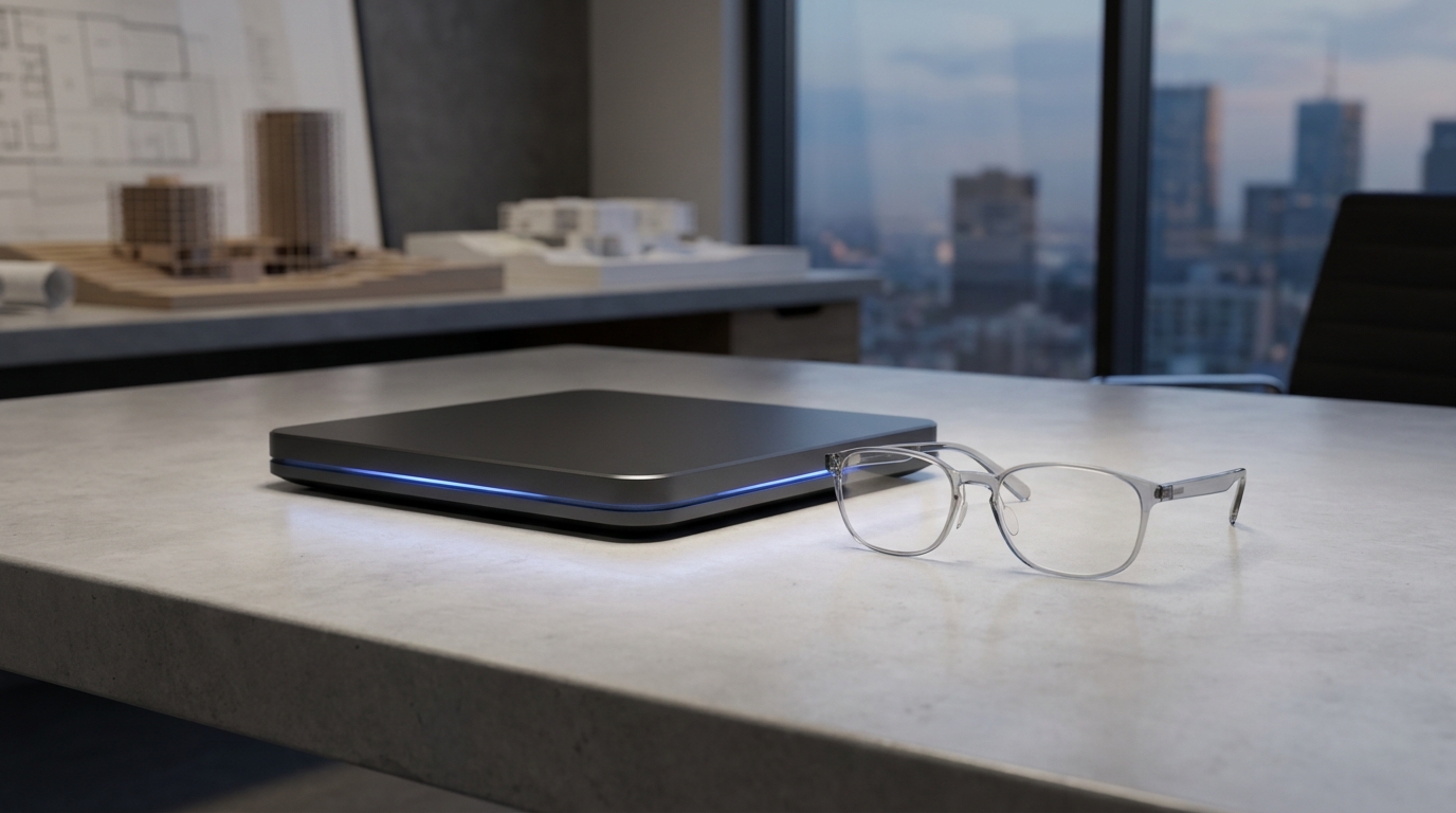 A sleek, minimalist 'Portable Spatial Computer' device by XRPAK, wirelessly connected to a pair of futuristic, lightweight smart glasses, both resting on a clean, modern desk with a subtle glow, symbo