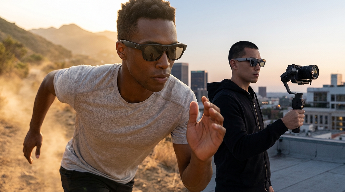 BleeqUp Rover and Ranger smart glasses in a dynamic editorial setting, perhaps on an athlete or a content creator, highlighting their sleek design and integrated camera lens.