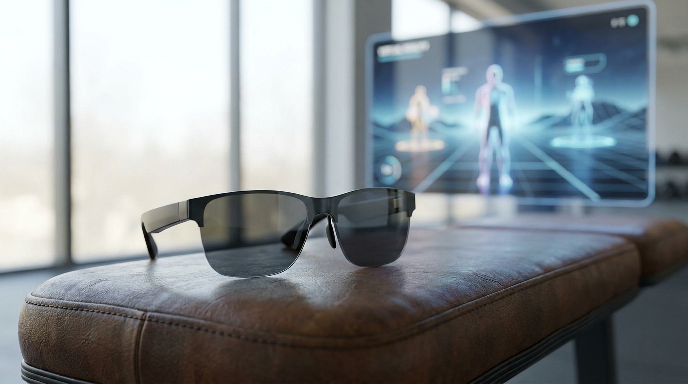 Close-up of sleek, minimalist smart glasses by FunFitLand on a workout bench, with a blurred background showing a virtual reality fitness scene.