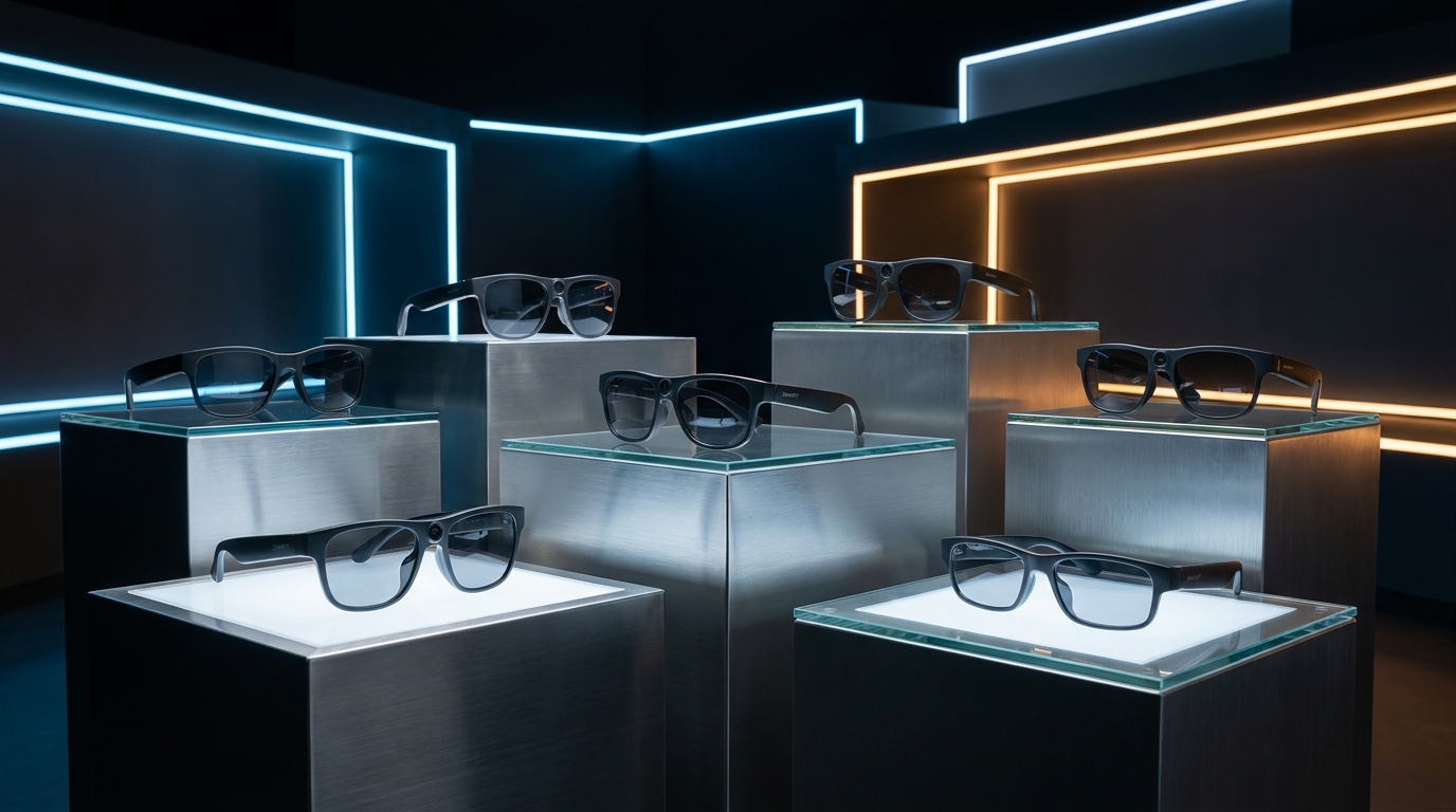 An array of sleek, modern SmartXY smart glasses models, including AI-powered camera glasses and minimalist HUDs, arranged in an editorial, high-tech setting.