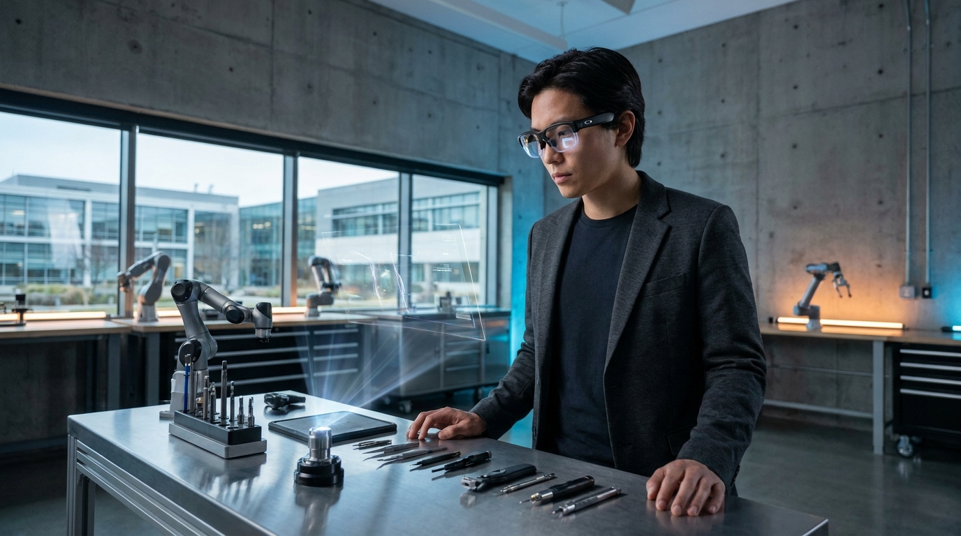 Oakley Meta Vanguard smart glasses with clear lenses in an industrial or laboratory setting, worn by a person in professional attire, showcasing a sleek, functional design.