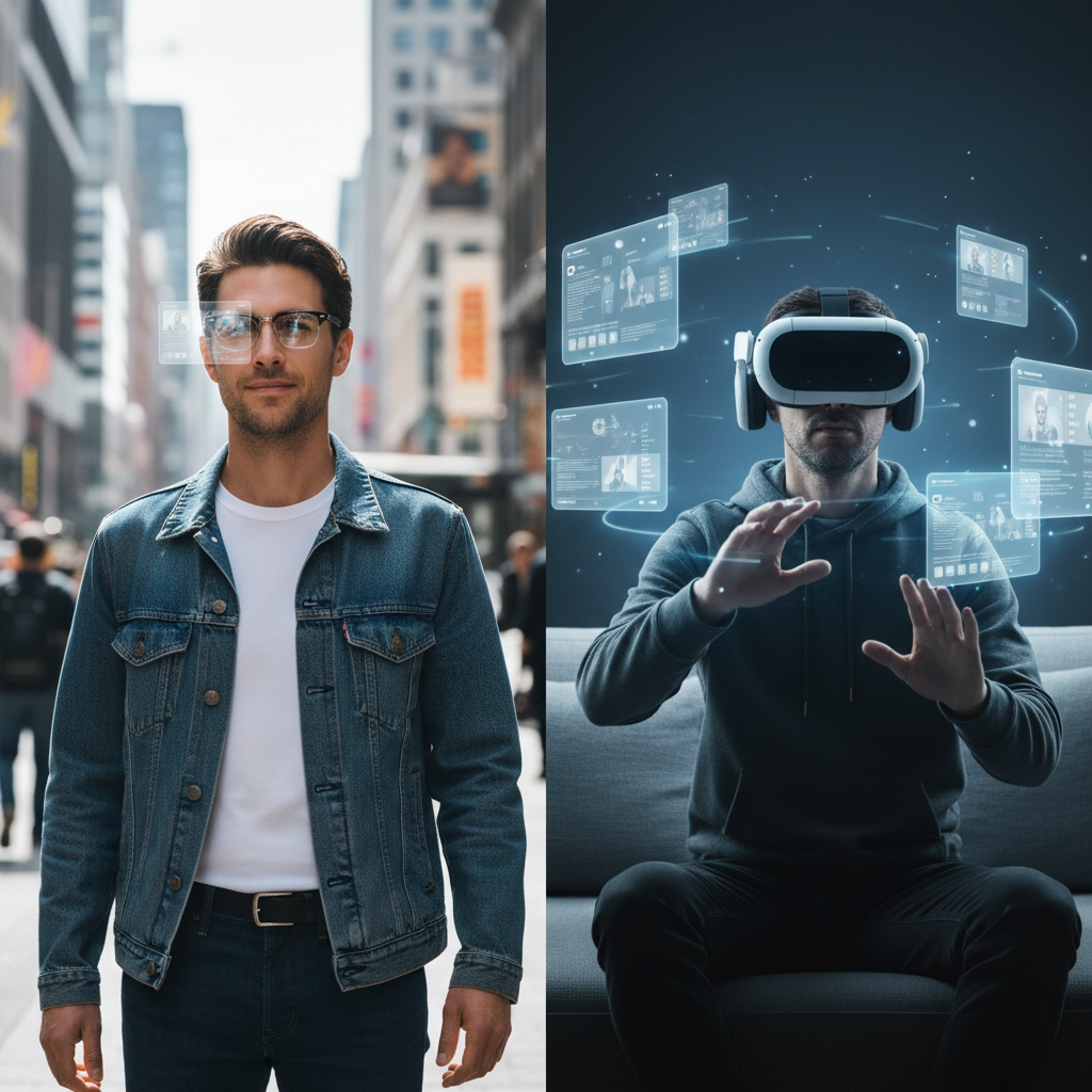 A split-screen image showing a person in public casually wearing Meta Ray-Bans on one side, and another person isolated indoors wearing the bulky Apple Vision Pro.