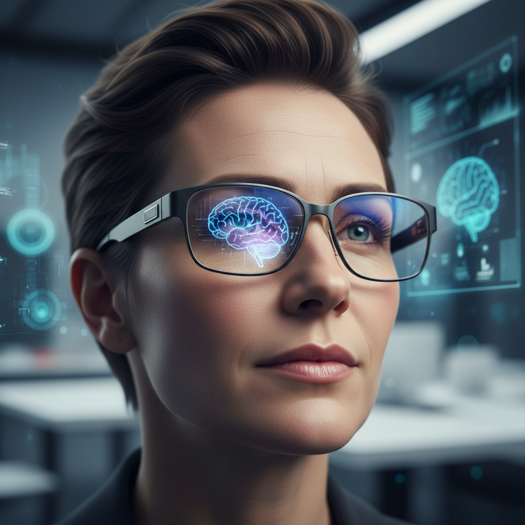 A close-up shot of a person wearing stylish smart glasses, with a faint, glowing digital brain graphic superimposed over the lens, representing the AI assistant within.