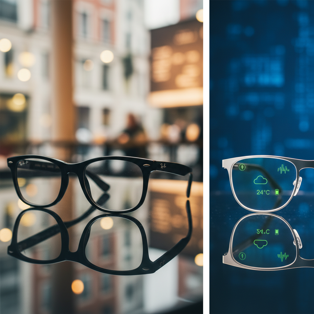 A split image showing stylish Ray-Ban Meta glasses on one side and the minimalist HUD of Brilliant Labs' Frame glasses on the other.