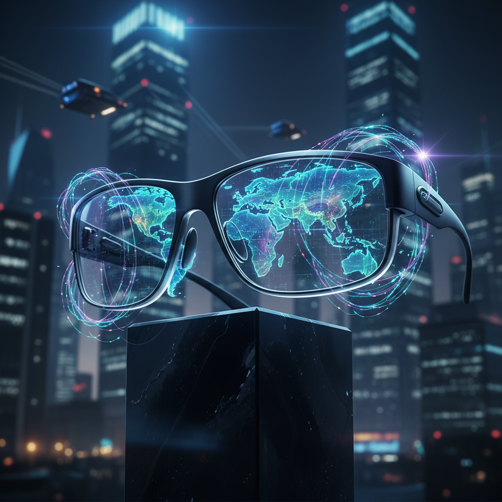 Abstract digital world map overlaying smart glasses, with glowing AI neural network lines connecting different regions.
