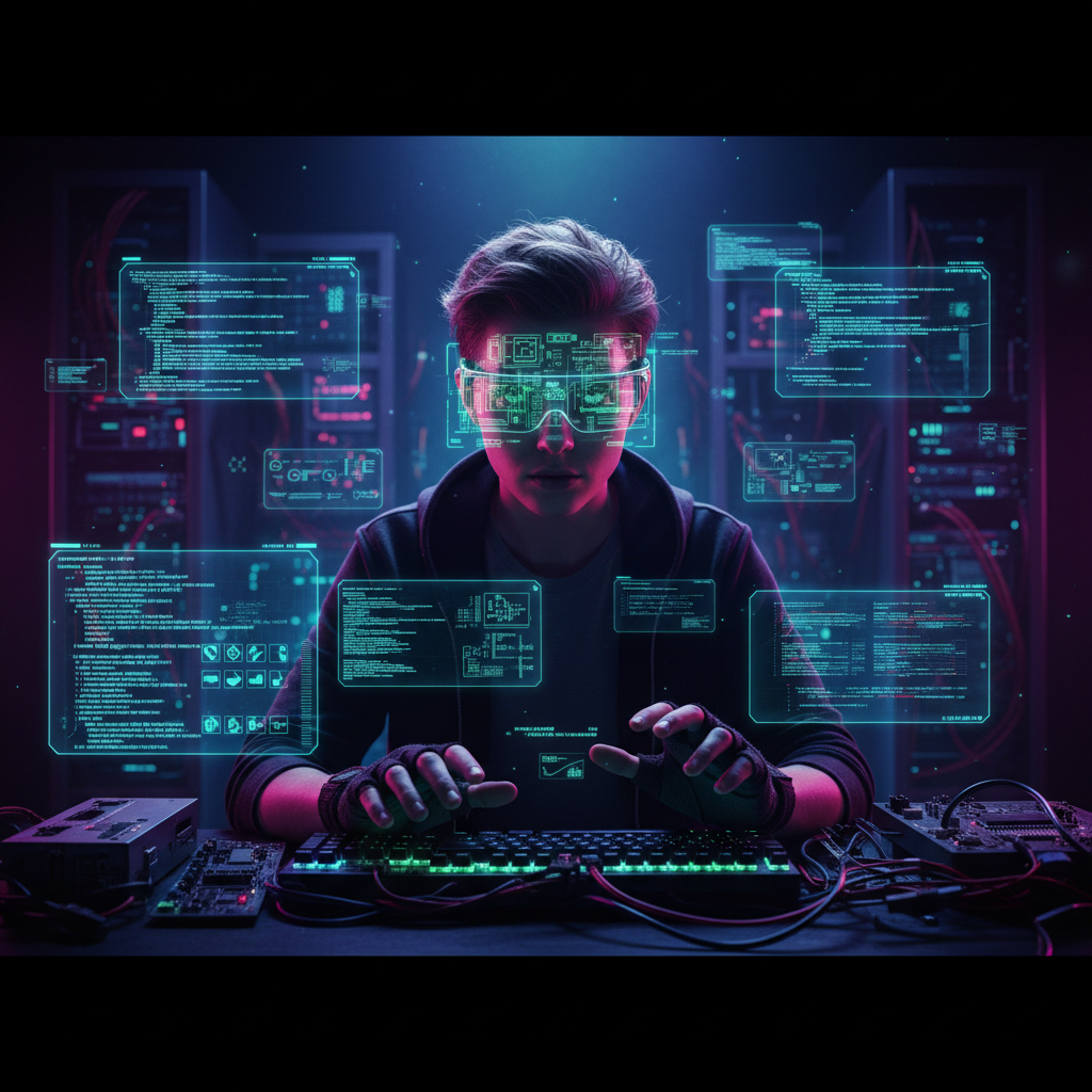 A hacker with an open-source schematic projected onto discreet, screen-less smart glasses, surrounded by code and circuit boards.