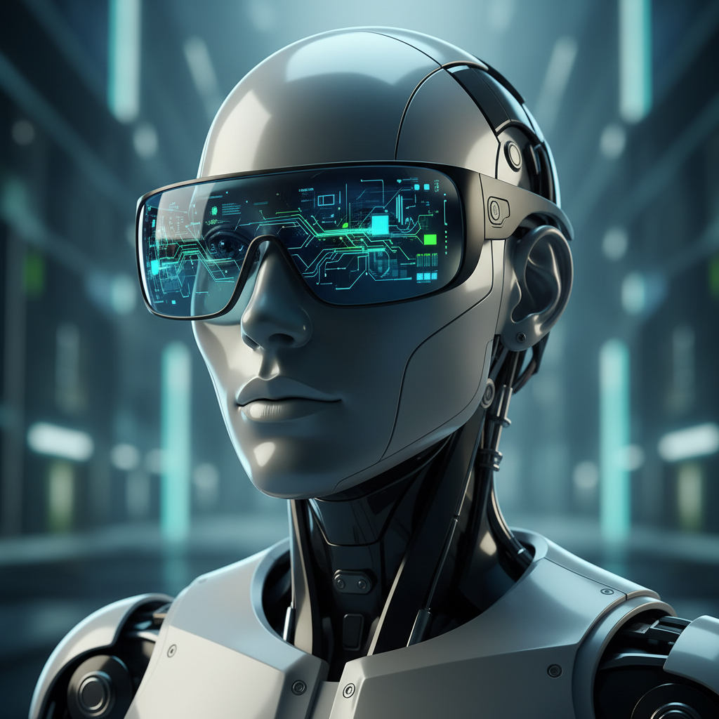 android robot wearing sleek smart glasses, blue-green holographic interface visible in reflection