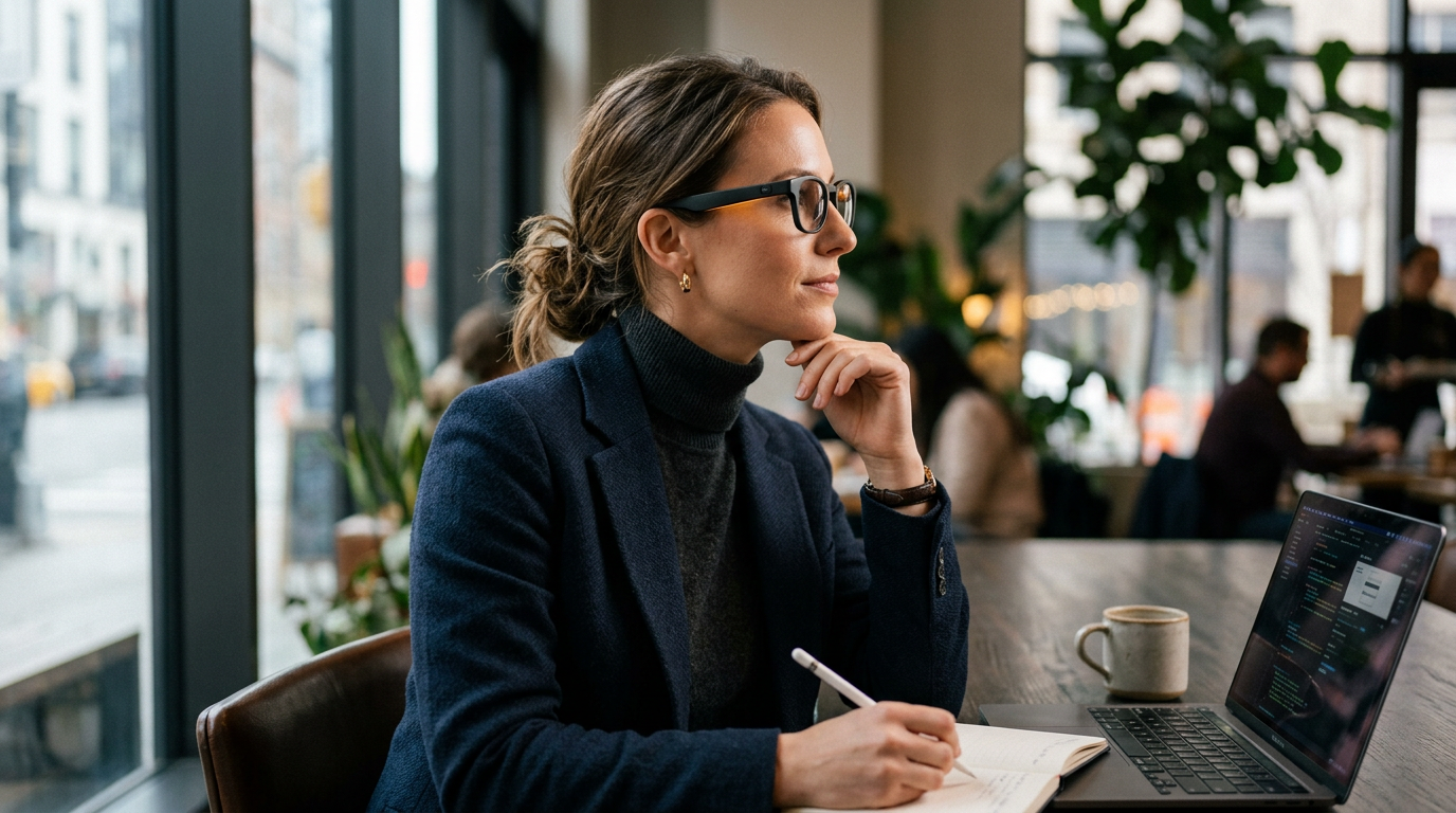 sleek, minimalist smart glasses without visible displays, blending seamlessly into a person's everyday attire, perhaps with a subtle AI-like glow emanating from the frames