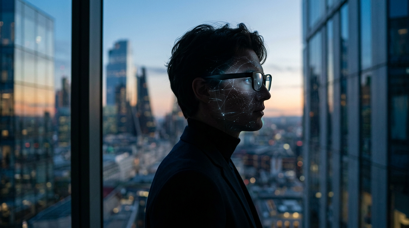 AI統合を示唆する、洗練された未来的なスマートグラスを着用した人物のシルエット。顔には微かで複雑なデータのネットワークが流れているが、これは目に見えるディスプレイではなくAIによるものである。