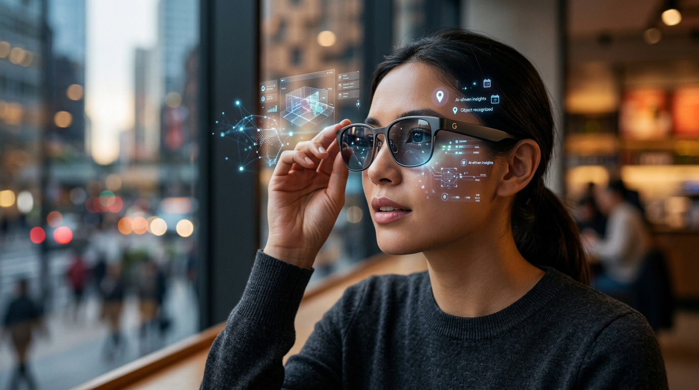 A stylized render of smart glasses featuring Google's Android XR branding, with subtle AI elements and data streams overlaid.