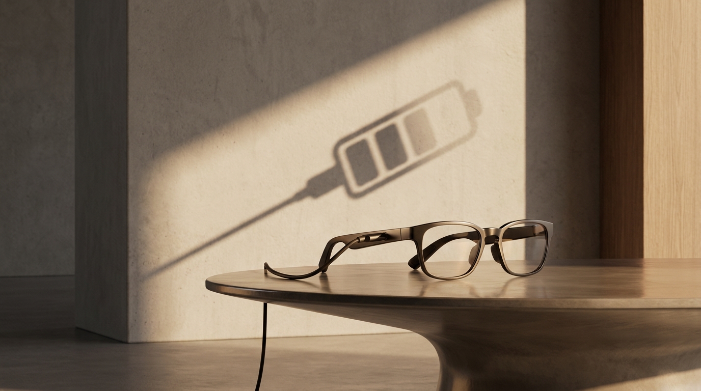 A sleek, modern smart glasses frame with a charging cable plugged into its temple, casting a shadow that resembles a fading battery icon.