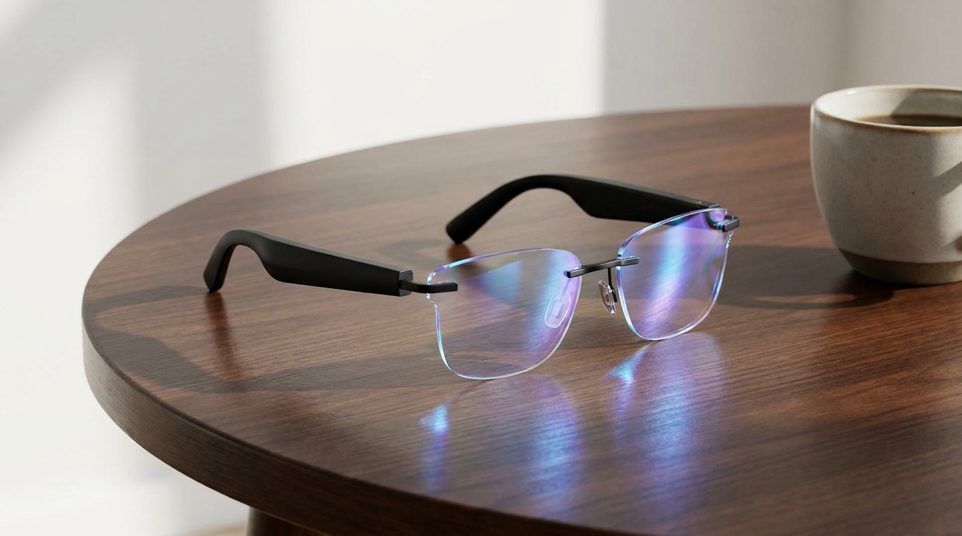 A pair of sleek, minimalist smart glasses resting on a table, with subtle light patterns suggesting AI activity, not a visible screen.