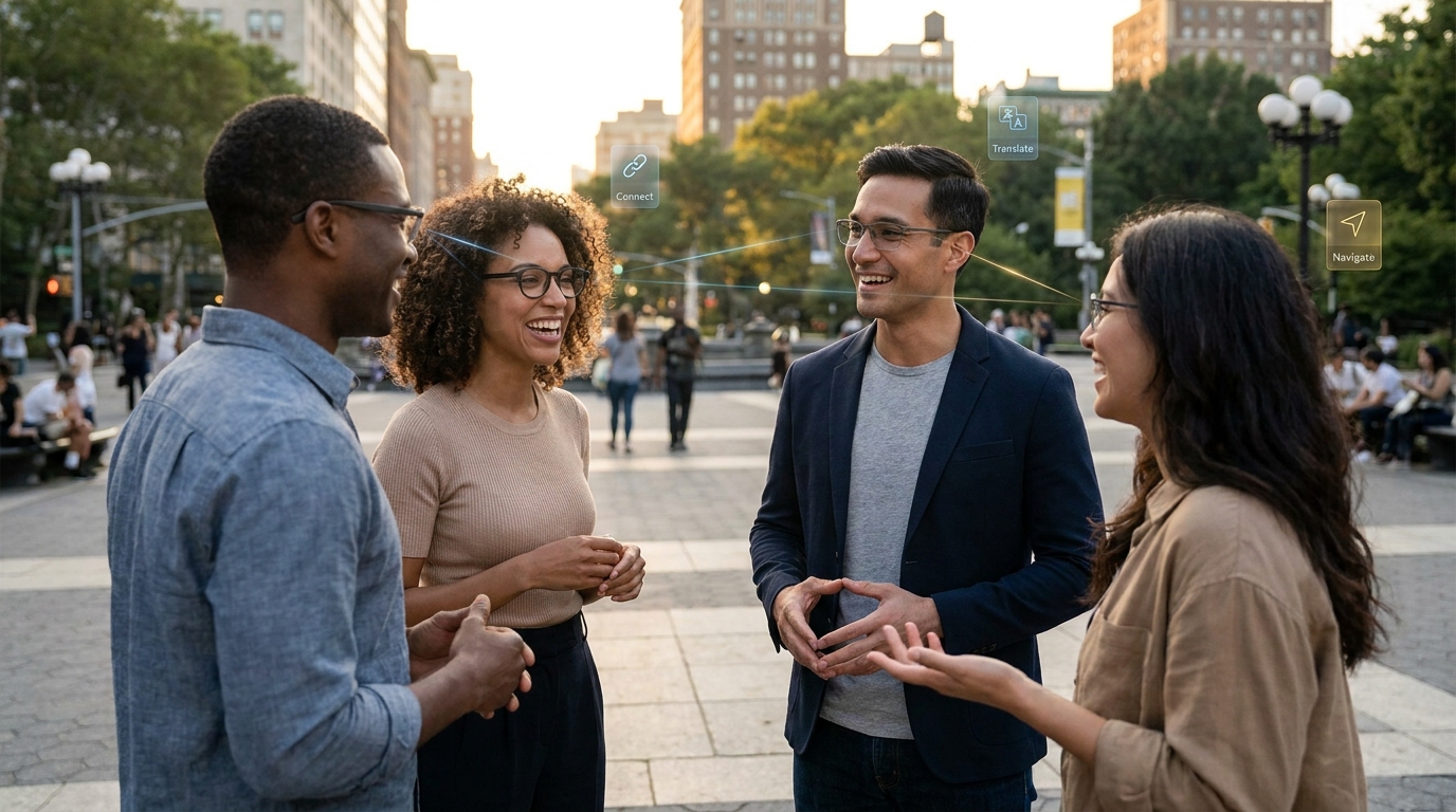 A diverse group of people in an outdoor public setting, with a subtle, almost invisible digital overlay suggesting information, but without anyone obviously wearing bulky or conspicuous smart glasses.