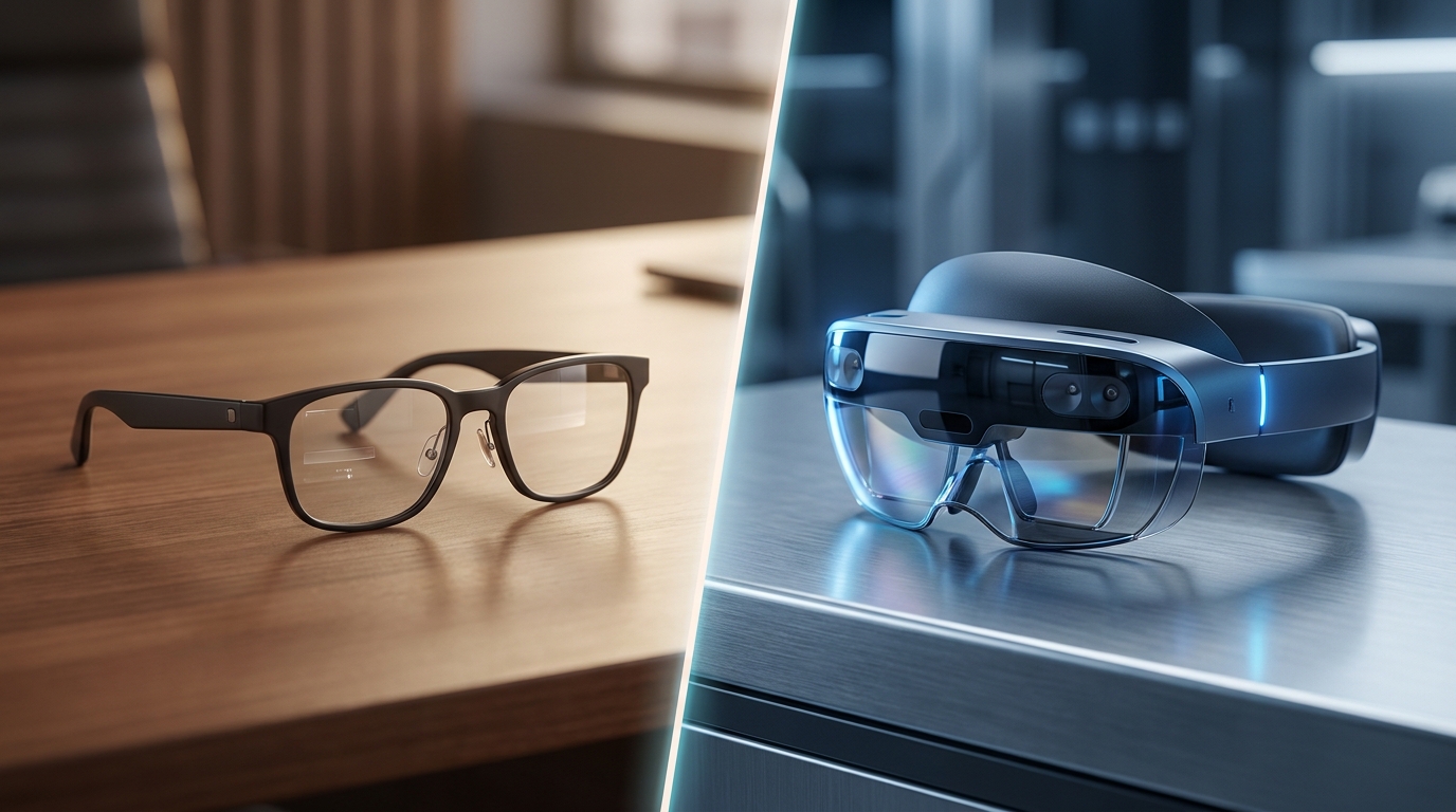 A split image showing a subtle smart glasses frame on one side and a more futuristic AR headset on the other, symbolizing the two different approaches.
