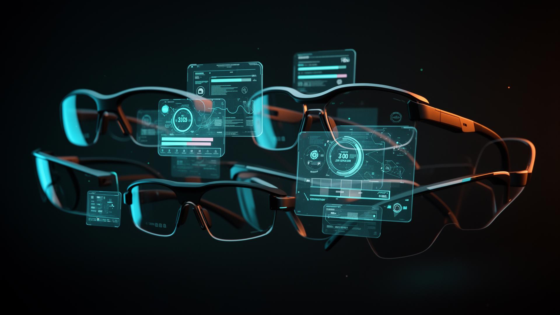 A dynamic montage of several different futuristic smart glasses from recent Kickstarter campaigns, glowing with AR data overlays against a dark, tech-focused background.